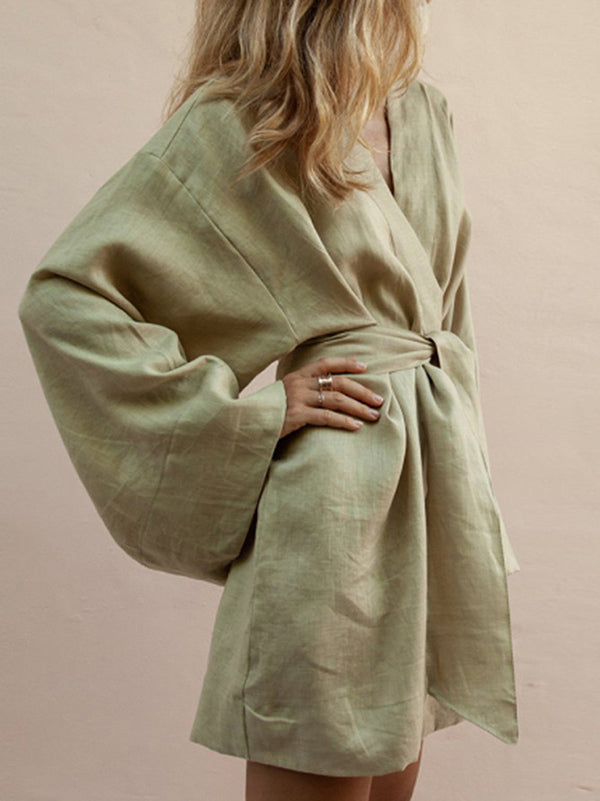 Solid Color Belted Bandage Long Sleeve Kimonohe Mini Dress