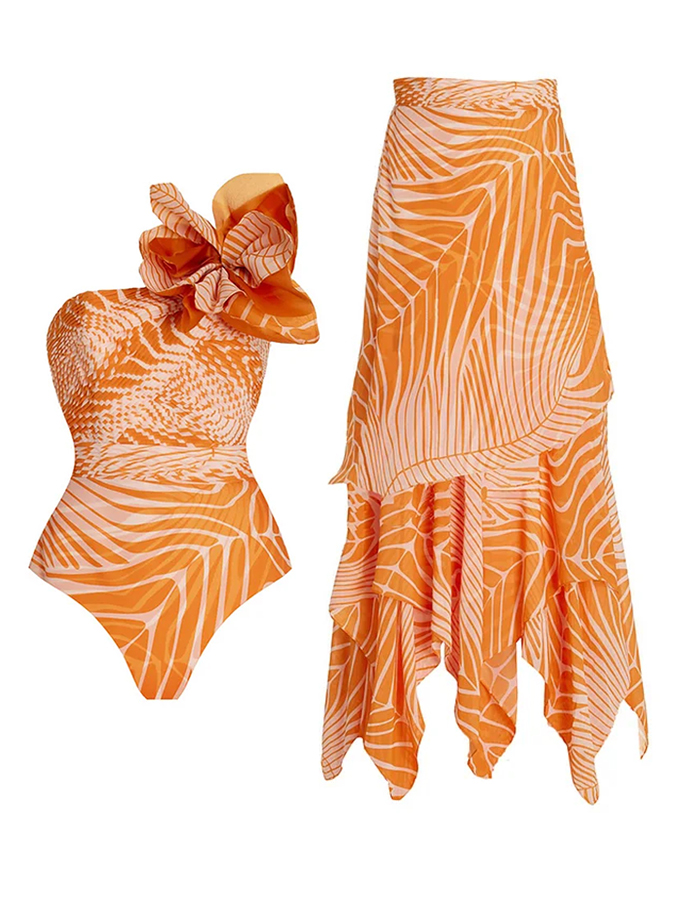 Botanical Print One Piece Swimsuits and Skirt