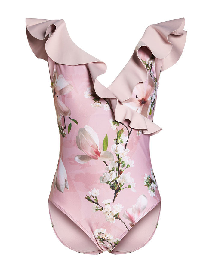 V-Neck Ruffled Floral Print One Piece Swimsuit and Cover Up