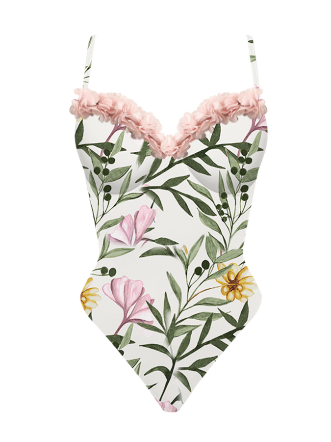 Ruffle One Shoulder Floral Printed Swimsuit and Skirt