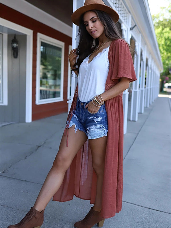 Deep V-Neck Solid Color Empire Bandage Lace-Up Cover-Up Swimwear