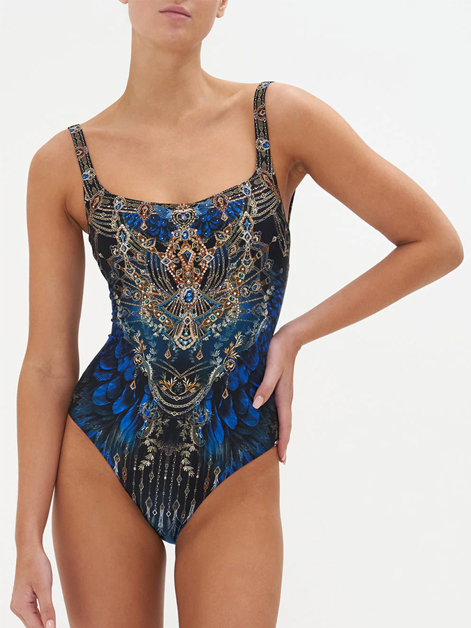Vintage Court Feather Print One Piece Swimsuit And Cover up