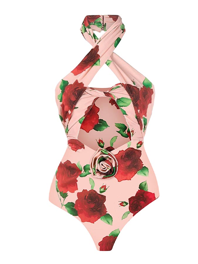 3D Flower Cut Out Printed Halter One Piece Swimsuit and Skirt
