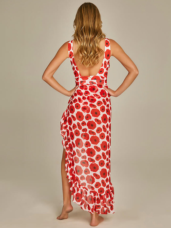 Deep V Print One Piece Swimsuit Set