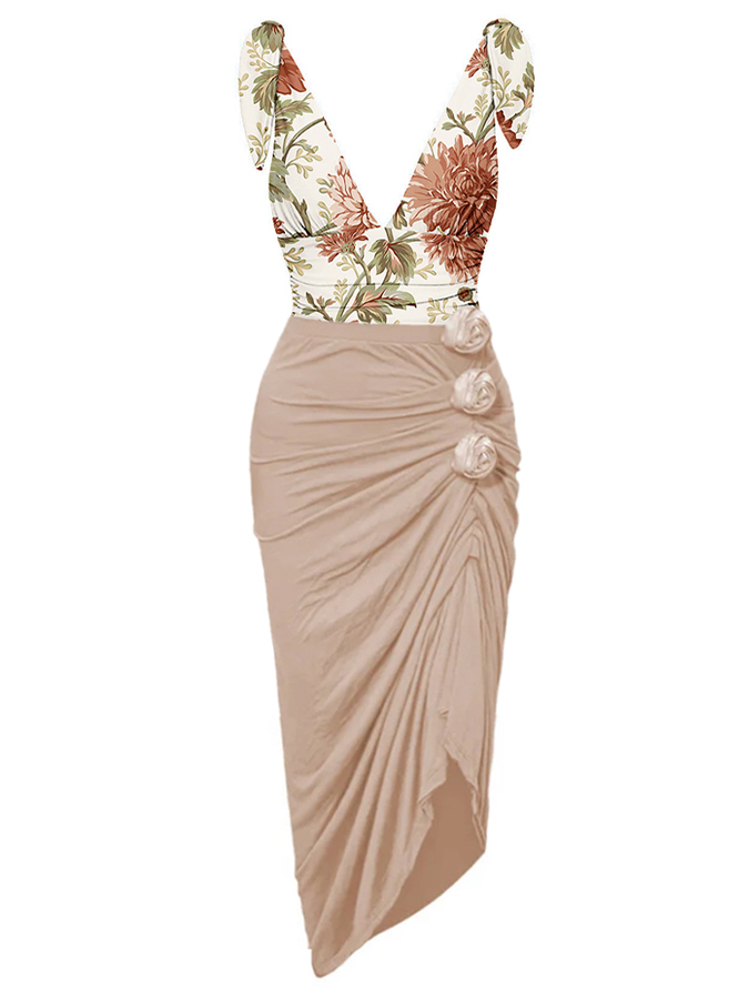 Bowknot Tie-shoulder Floral Print One Piece Swimsuit and Skirt