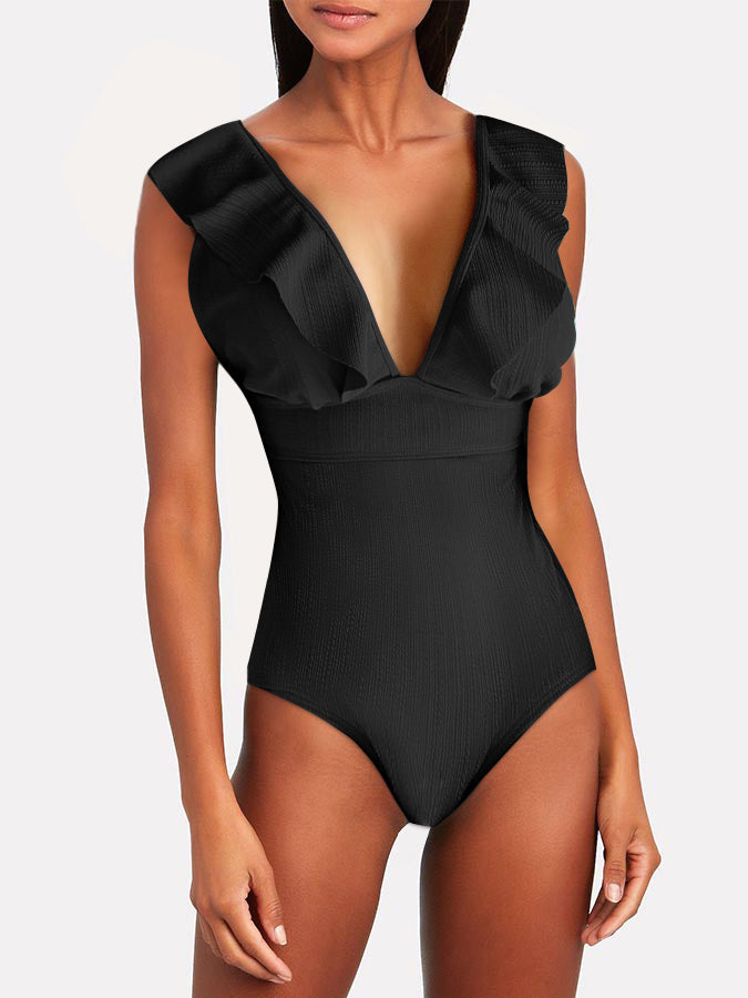 Deep V Ruffle Solid Color One Piece Swimsuit