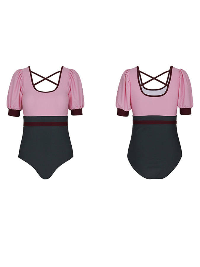 Puff Sleeve Panel One Piece Swimsuit