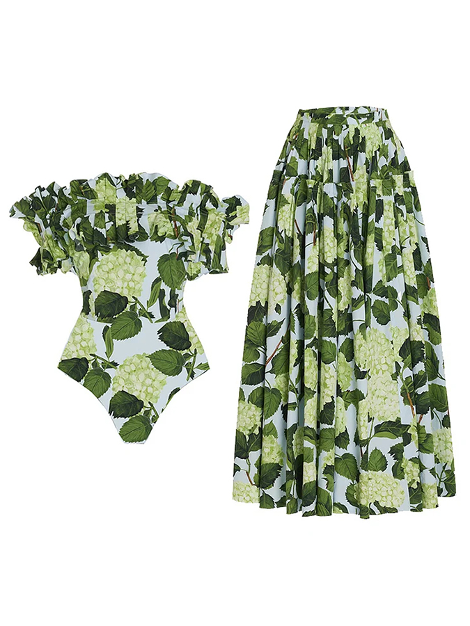 Floral Print One Piece Swimsuit and Skirt