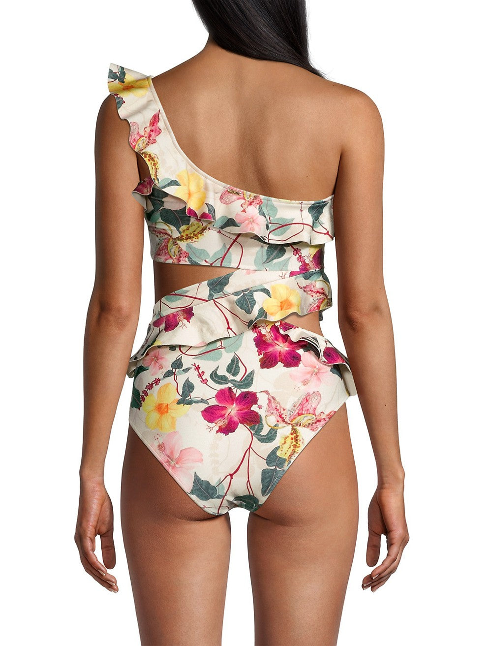 Fashion Colorblock Floral Print Ruffle One-Piece Swimsuit