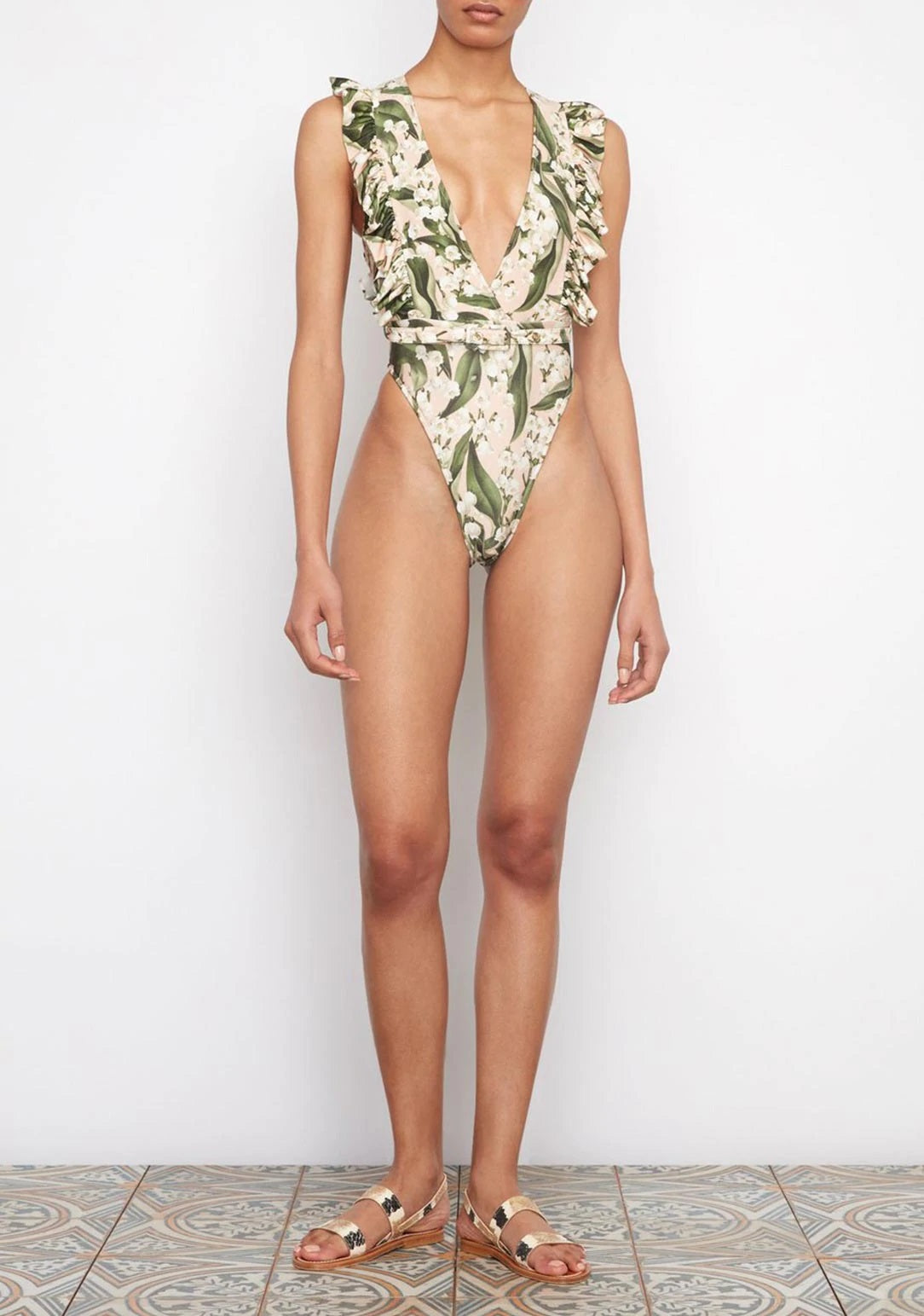Deep V Floral Print Swimsuit