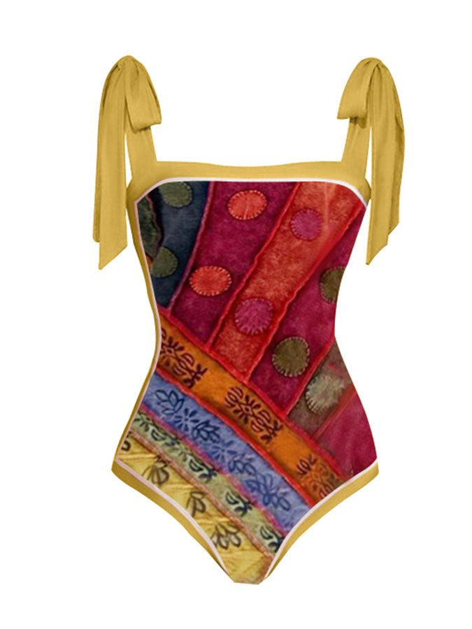 Vintage Colorblock Print One-Piece Swimsuit