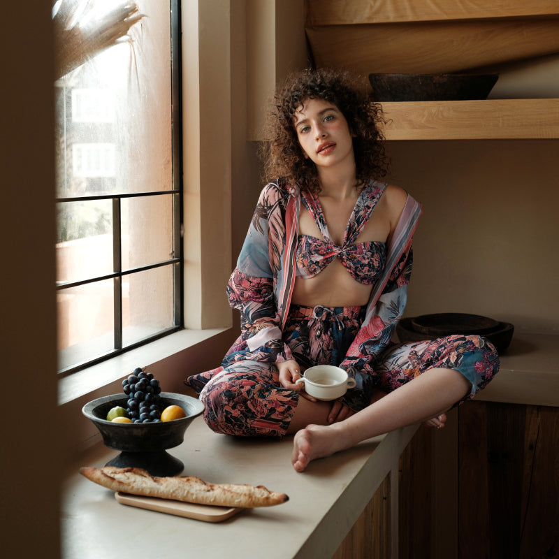 Off Shoulder Ruched Printed Bikini Swimsuit and Cardigan