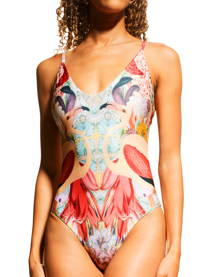 Flamingo Print One Piece Swimsuit and Skirt