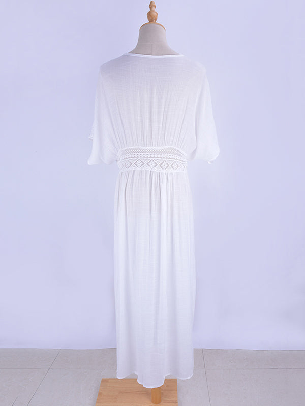 Deep V-Neck Solid Color Empire Bandage Lace-Up Cover-Up Swimwear