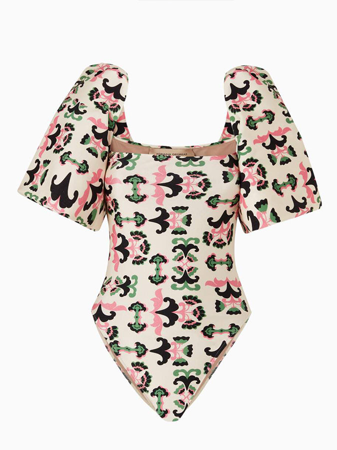 Print Twisted Flower Puff Sleeve Swimsuit