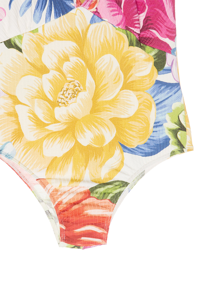Ruffled Deep V Floral Print One-Piece Swimsuit and Skirt