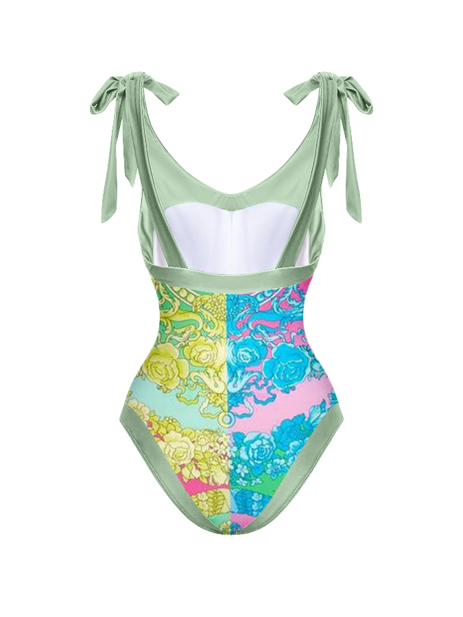 Panel Print Lace Up One Piece Swimsuit