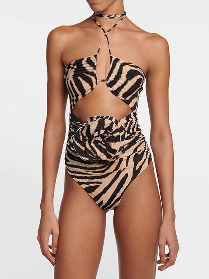 Removable 3D Flower Decor Leopard Printed One Piece Swimsuit and Skirt
