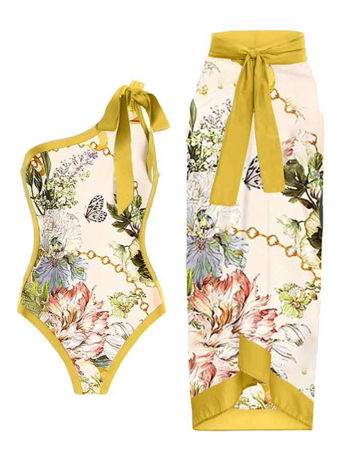 One Shoulder Floral Print One Piece Swimsuit and Skirt