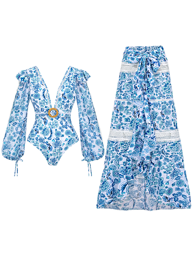 Blue Printed Panel Lace Swimsuit and Skirt