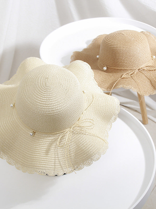 Wavy Edge Straw Woven Breathable Beaded Decorated Hat