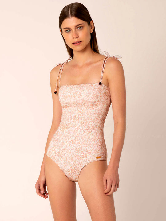 Printed Lace-Up One Piece Swimsuit