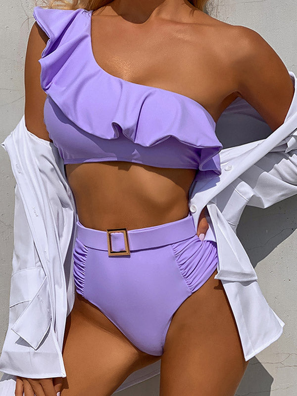Solid Color One-Shoulder Falbala High-Waisted Bikini