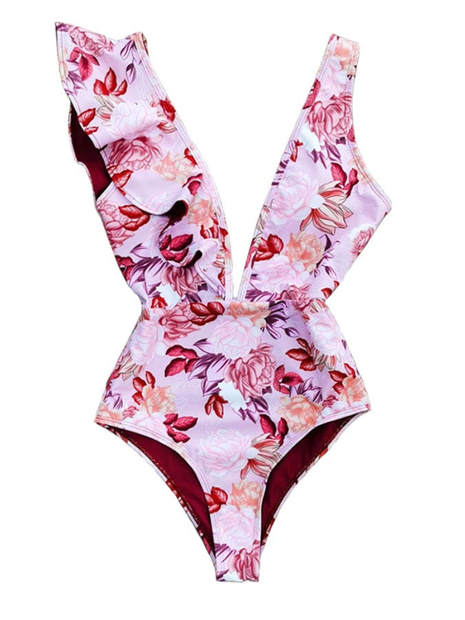 Printed One-Shoulder Ruffle Fashion One-Piece Swimsuit