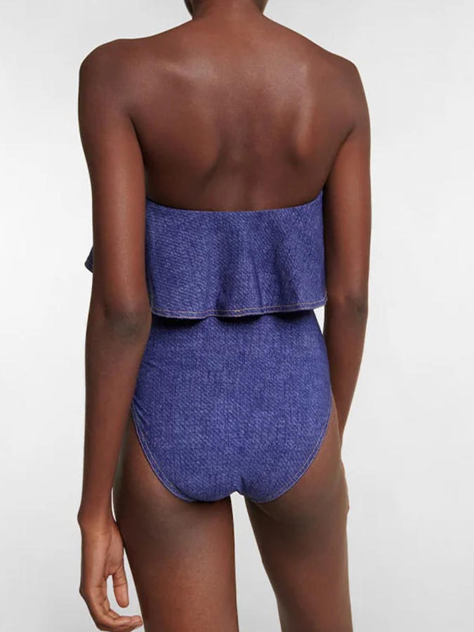 Denim Print One Piece Swimsuit and Skirt
