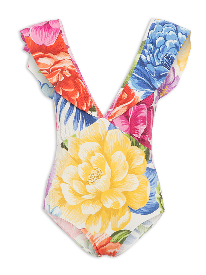 Ruffled Deep V Floral Print One-Piece Swimsuit and Skirt