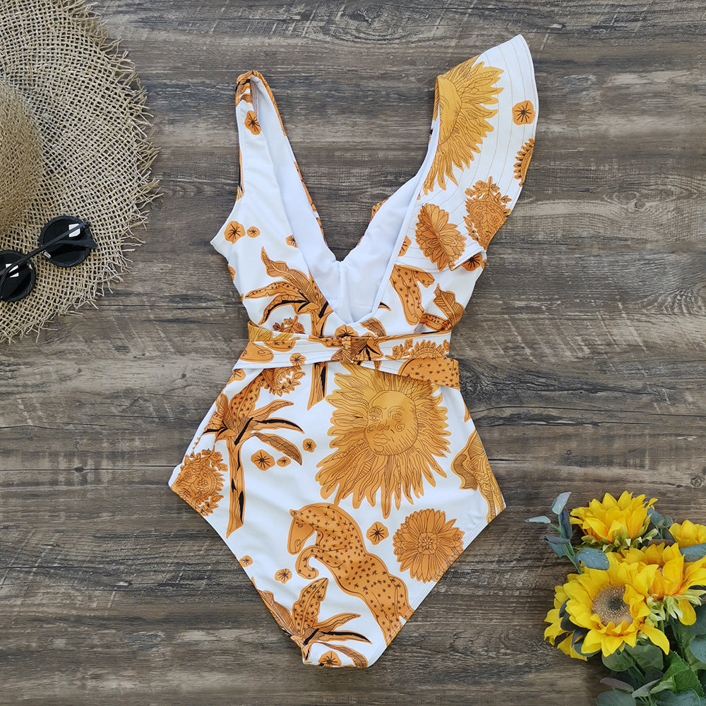 Ruffle V-Neck Belt Backless One Piece Swimwear