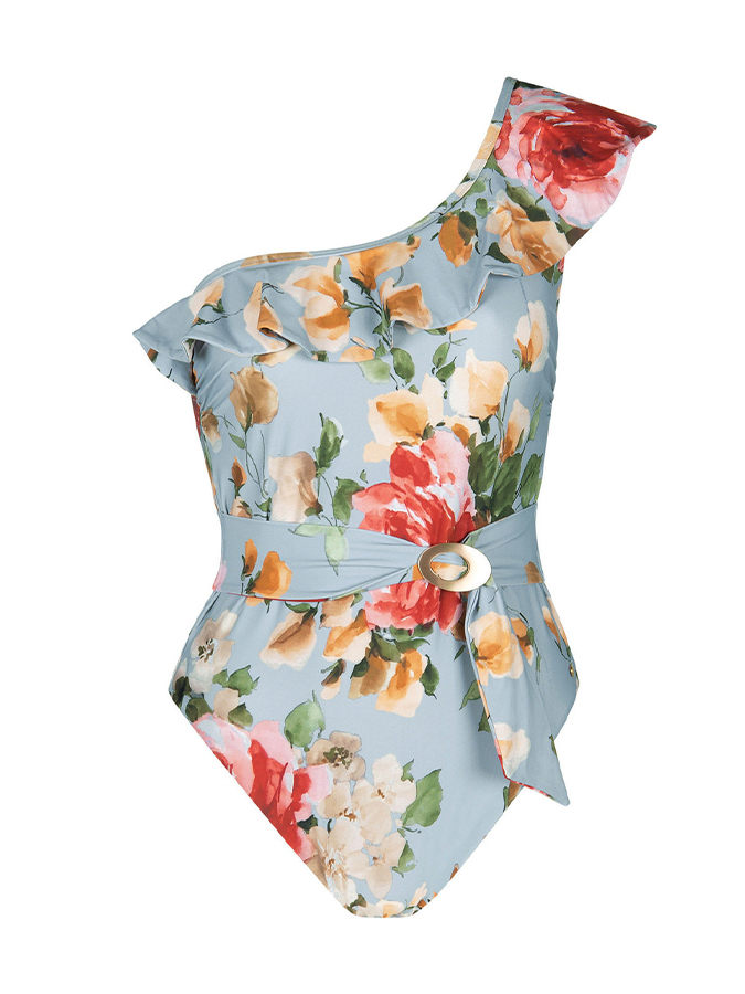 One-shoulder Ruffle Floral Print Swimsuit and Cover Up