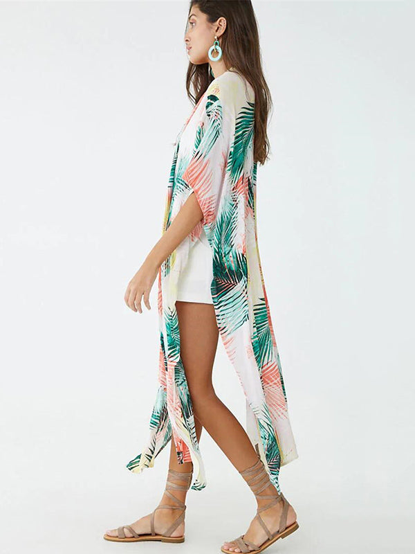 Colorful Leaf Printing Cardigan Loose Vacation Beach Cover-Up Swimwear