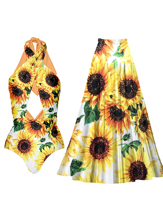 Printed Lace Backless One-Piece Swimsuit