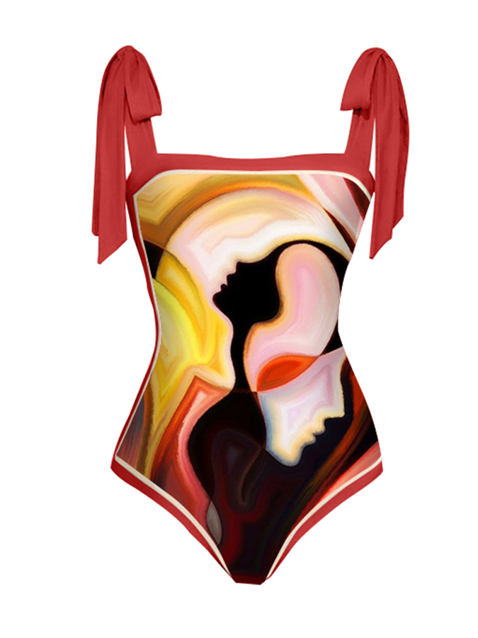 Fashion Vintage Abstract Print One Piece Swimsuit Set