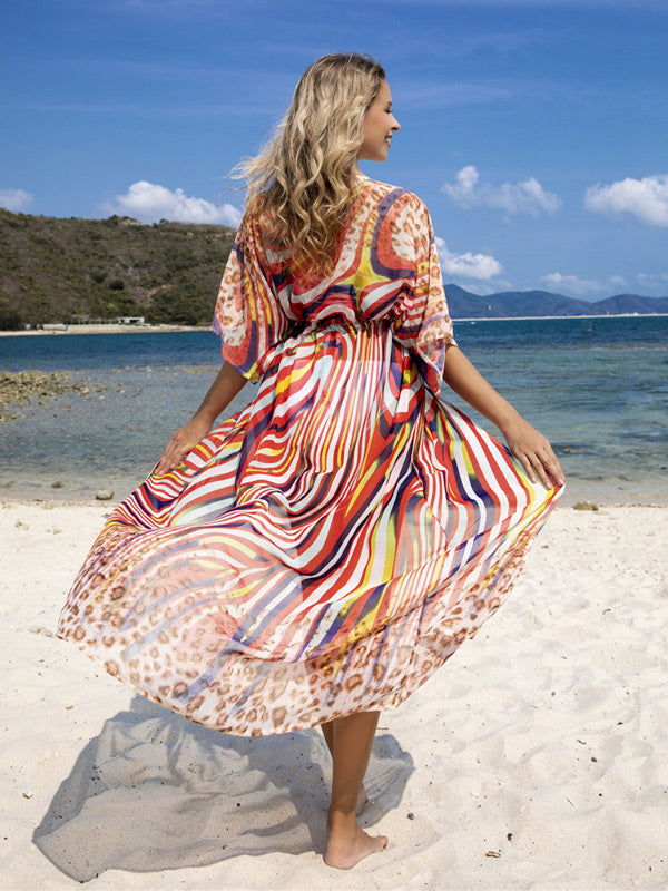 Chiffon Short Sleeve V-Neck Drawstring Cover-Up Swimwear
