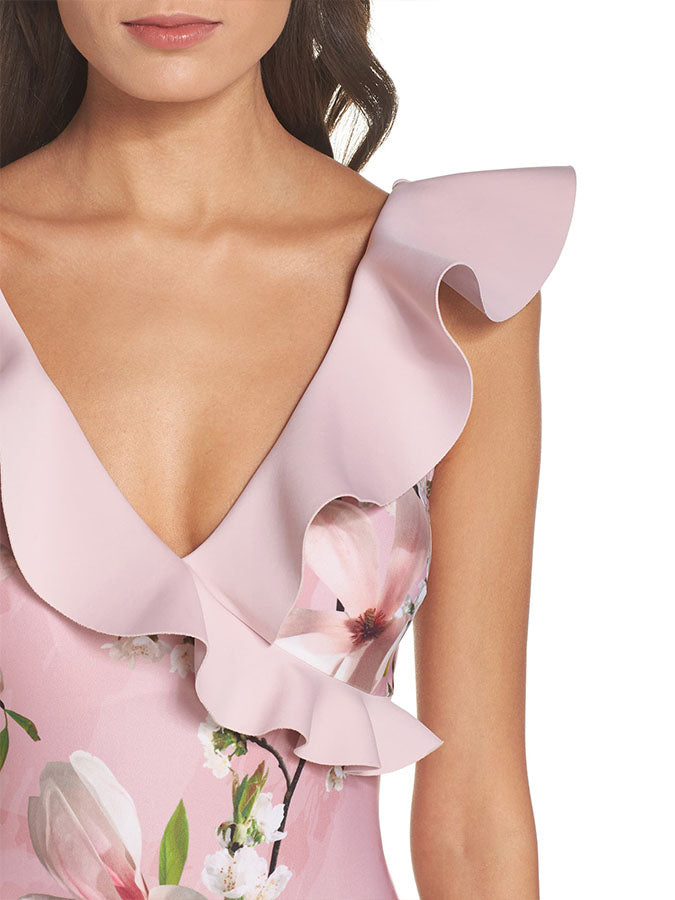 V-Neck Ruffled Floral Print One Piece Swimsuit and Cover Up