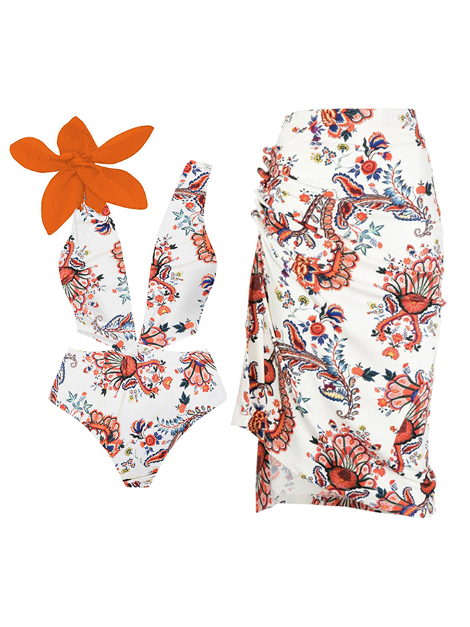 Vintage Floral Print One Piece Swimsuit And Cover up