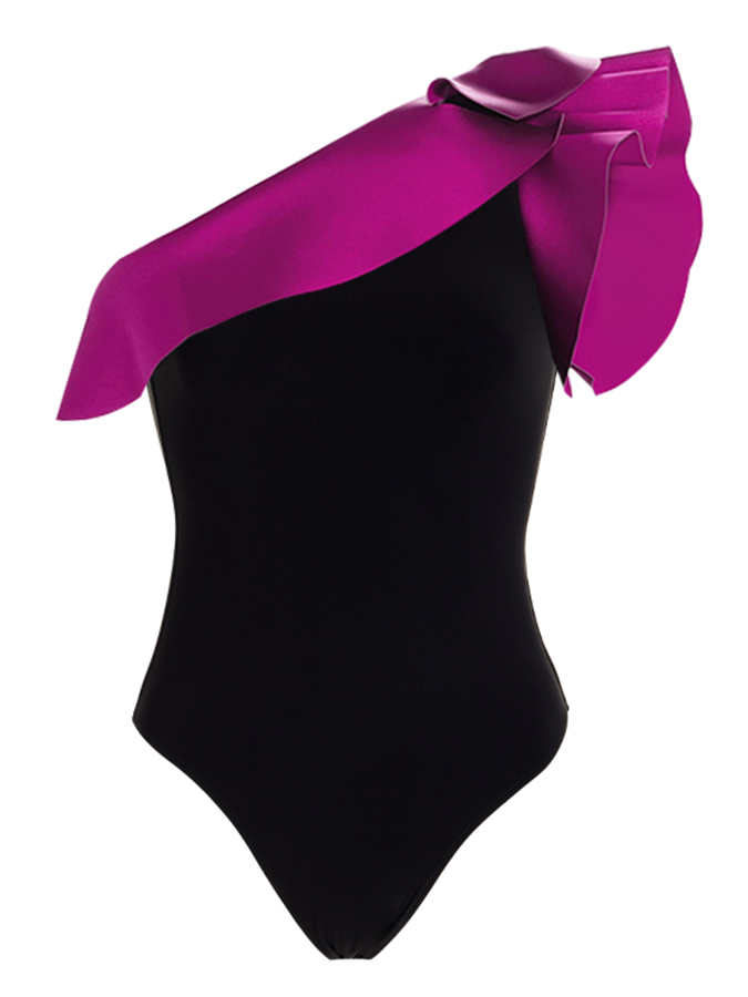 One Shoulder Ruffle Color Block One Piece Swimsuit and Cover Up