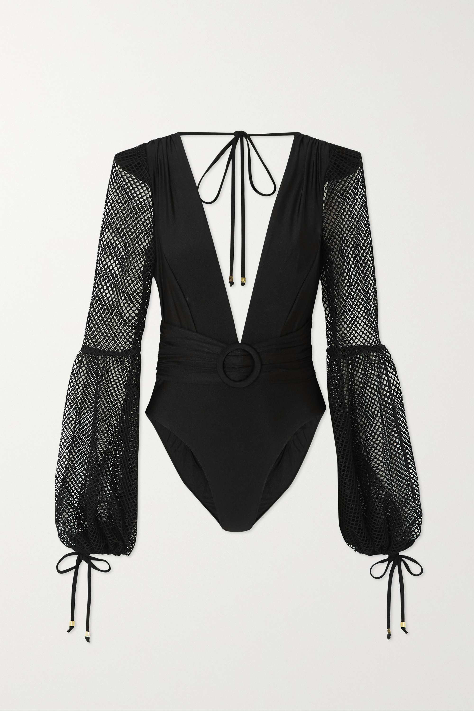 Belted mesh-trimmed swimsuit