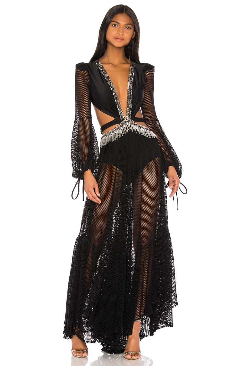Black Gauze See-Through Long Sleeves Maxi Dresses
