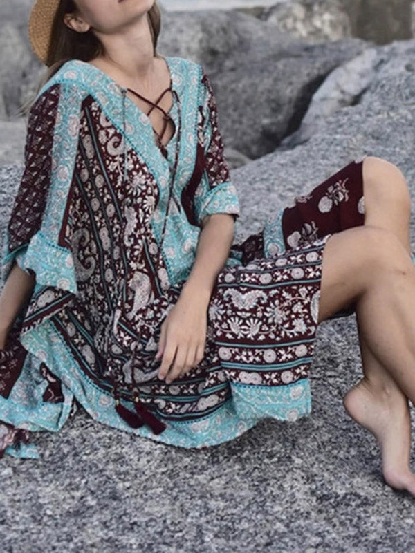 Ethnic Printed Flared Sleeves Cover-Ups Tops