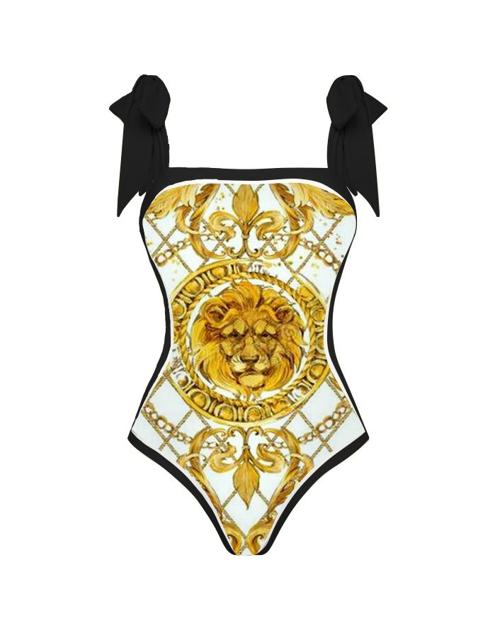 Gold Lion Pattern Print Reversible One Piece Swimsuit And Cover up