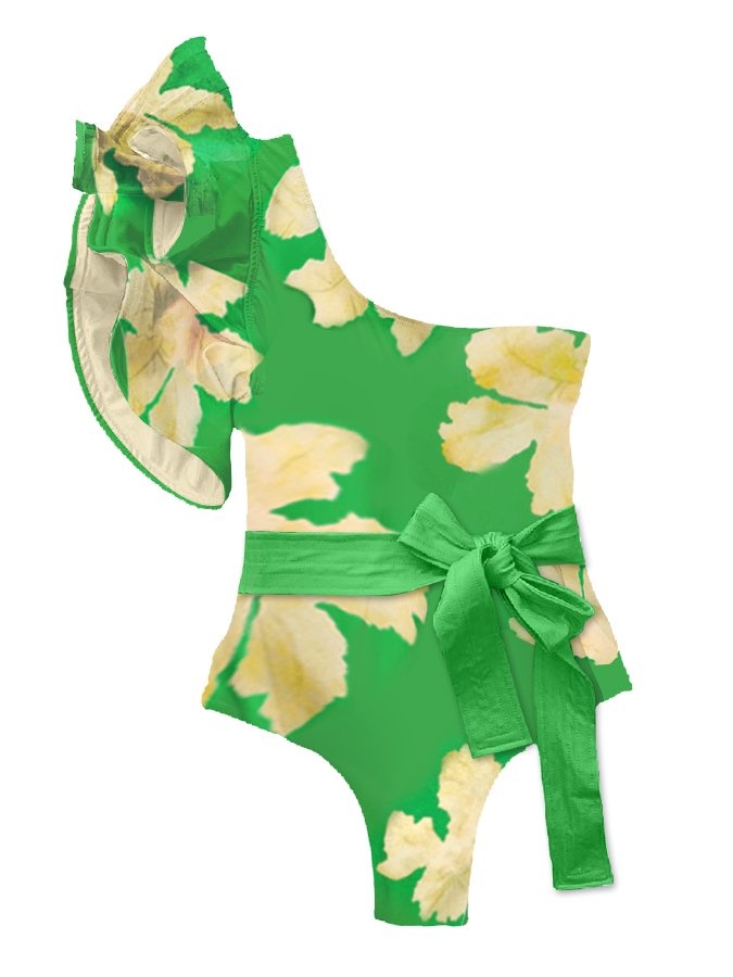Ruffled Floral Colorblock Print Swimsuit and Cover-up