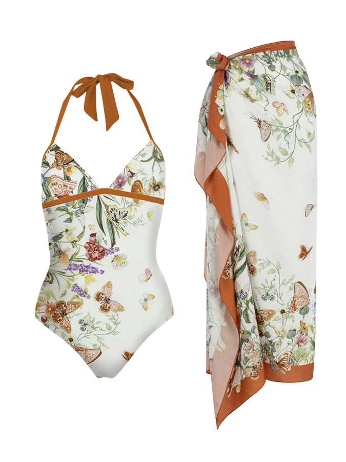 Butterfly Floral Print One-Piece Swimsuit And Cover Up