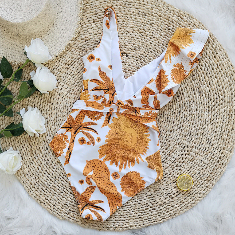 Ruffle V-Neck Belt Backless One Piece Swimwear