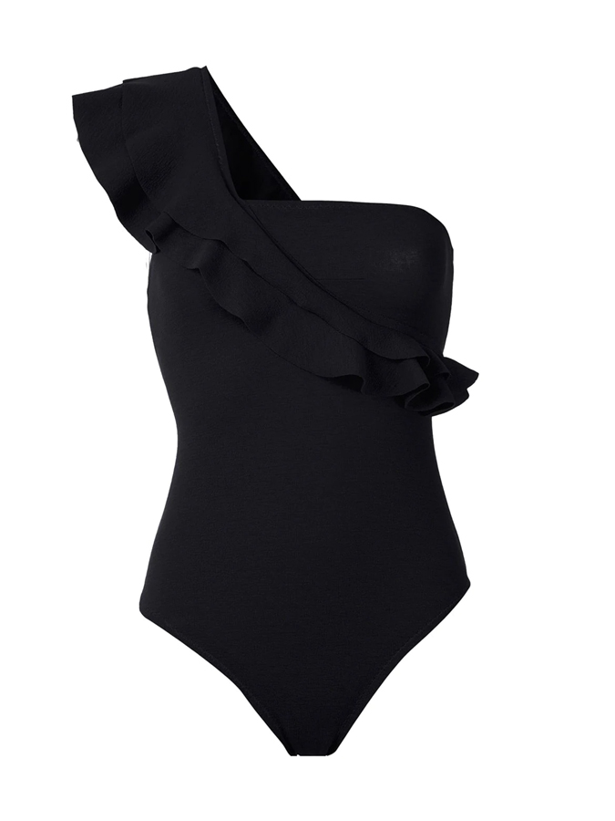 Plain One Shoulder Ruffled One-Piece Swimsuit And Cover Up