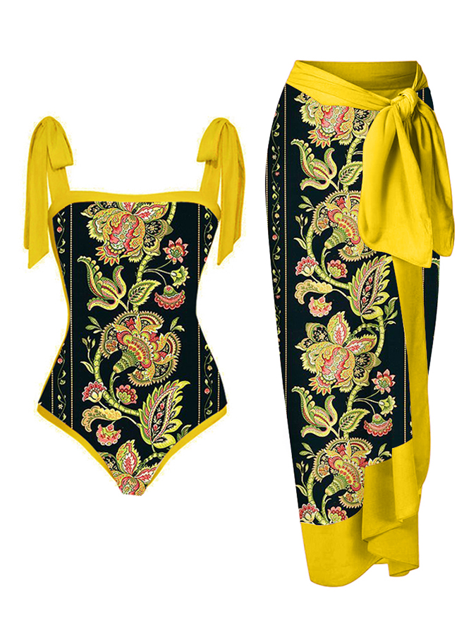 Vintage Print One Piece Swimsuit and Cover Up