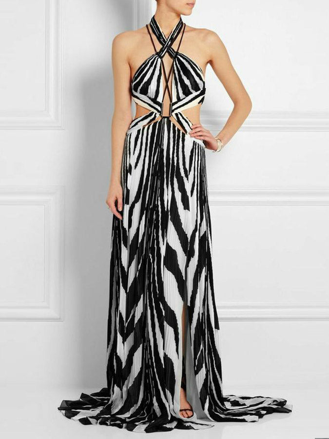 Fashion Colorblock Zebra Print Backless Sexy Bikini Beach Dress