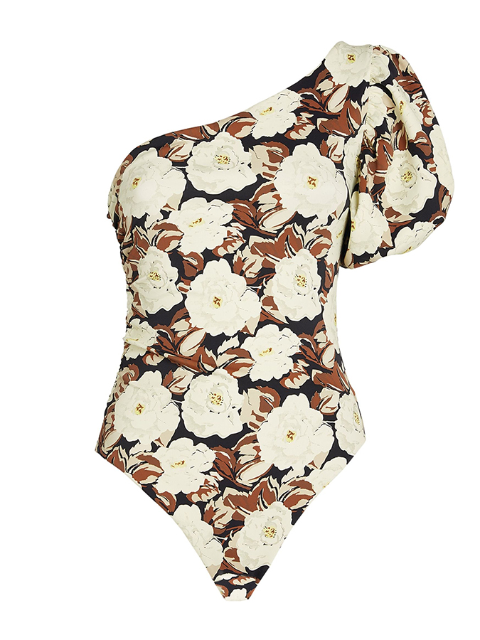 One-Shoulder Puff Sleeve Floral Print One-Piece Swimsuit and Cover-up